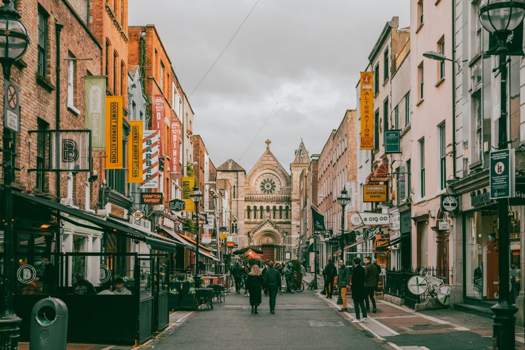 Panoramic view of Anne Street in Dublin, Ireland, with the cathedral near St. Stephen’s Green in the background