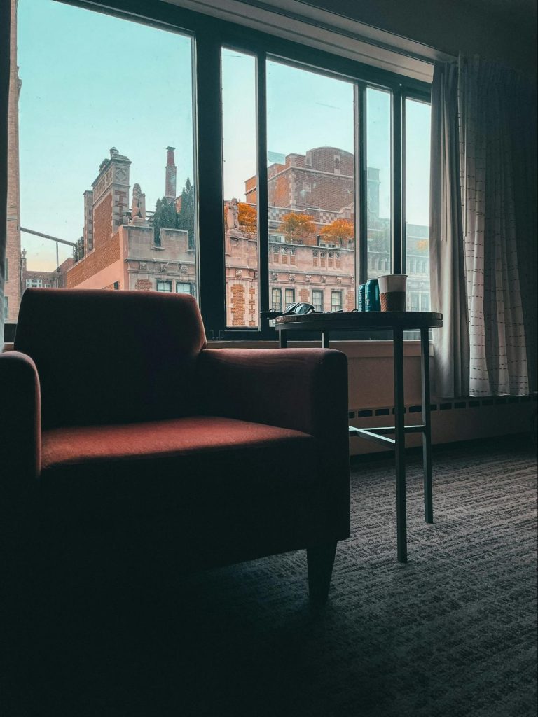 Hotel lounge seating with city view in Chicago