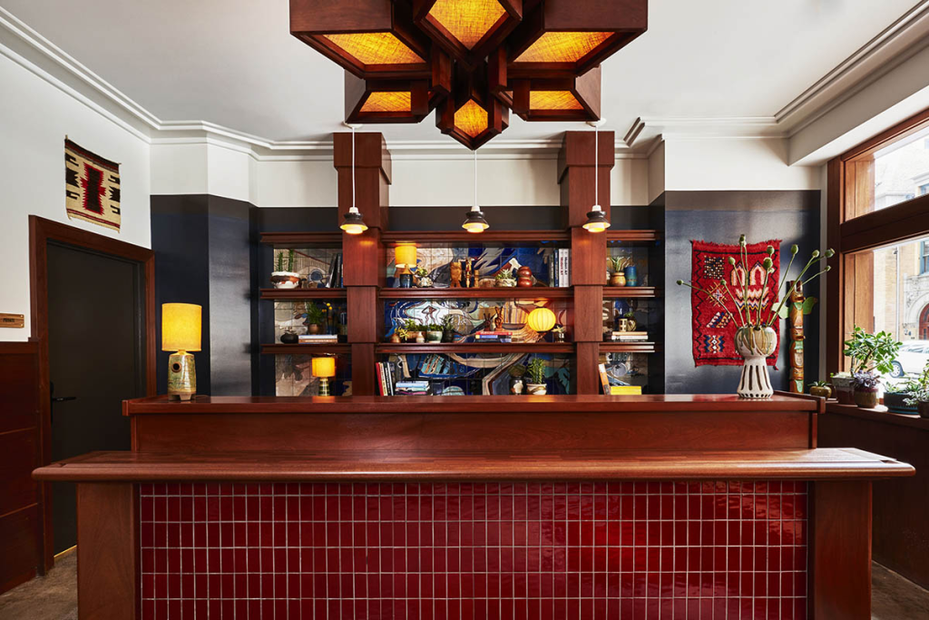 Communal lobby space at Freehand Chicago hotel