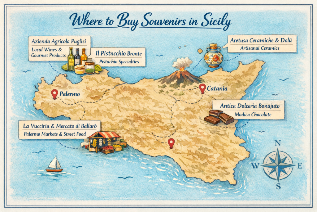 Illustrated map of Sicily showing where to buy souvenirs, including Palermo markets, Bronte pistachios, Etna ceramics, Modica chocolate, and local wineries.