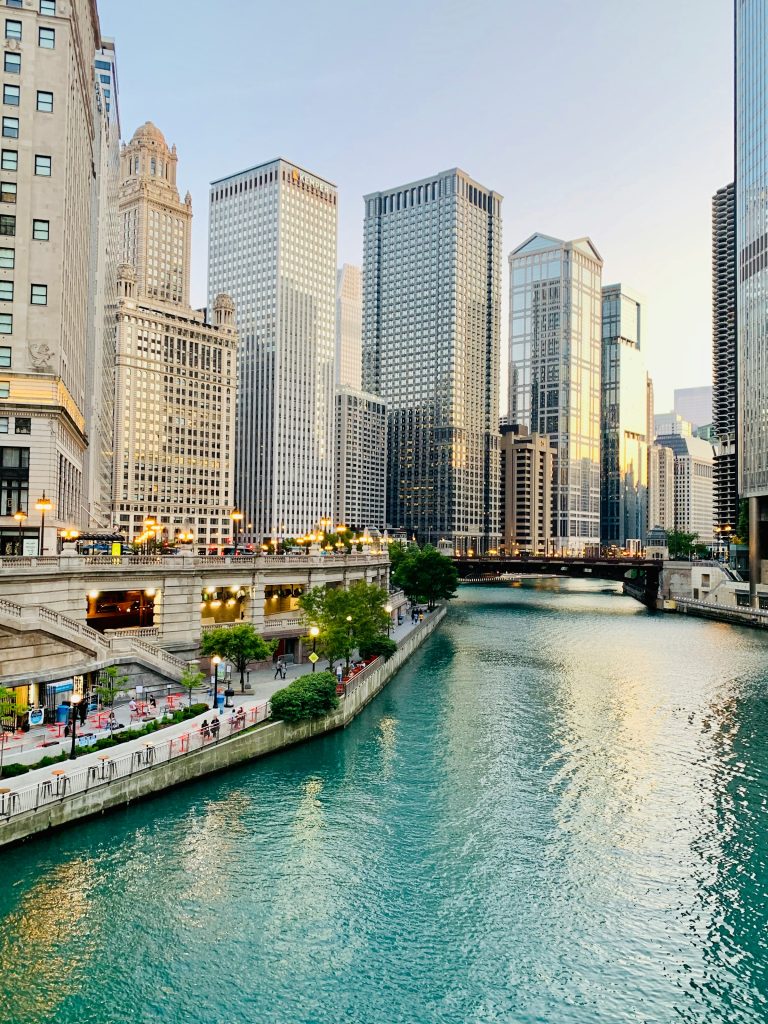 Chicago Riverwalk skyline view downtown Chicago