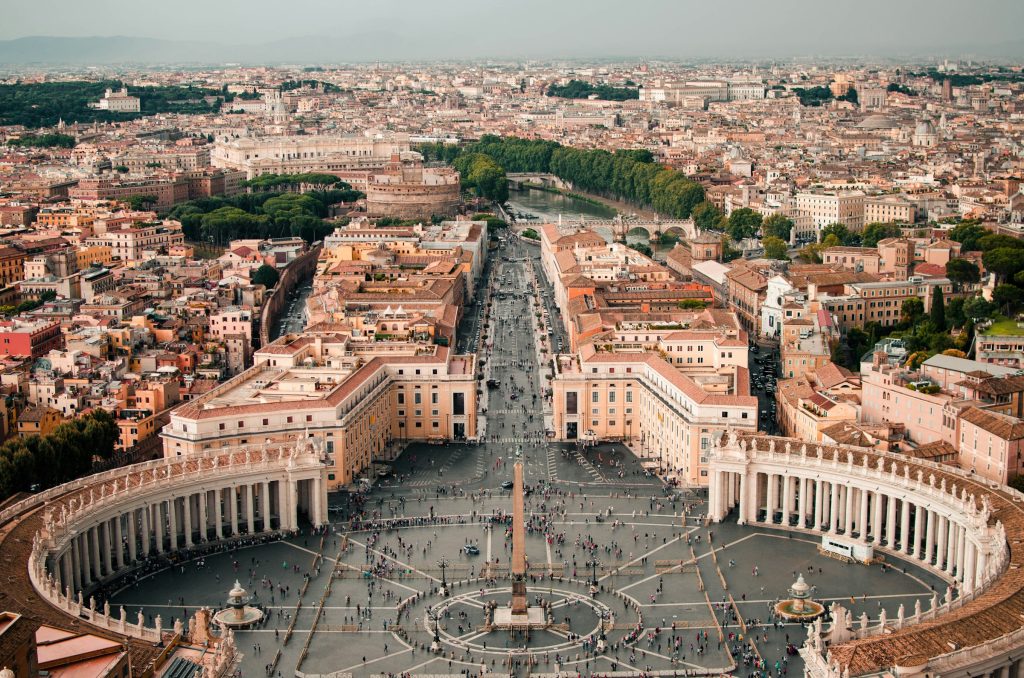 Panoramic view of Rome from St. Peter’s Basilica with St. Peter’s Square and the Vatican in the foreground