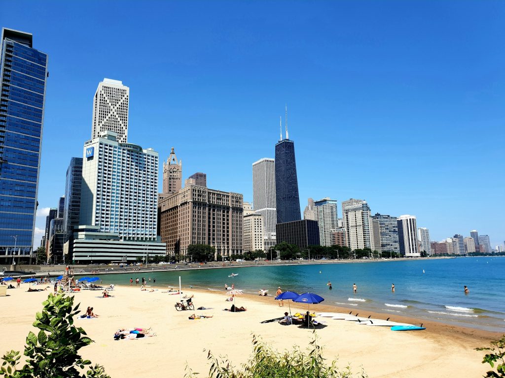 Chicago skyline and Lake Michigan summer beach
