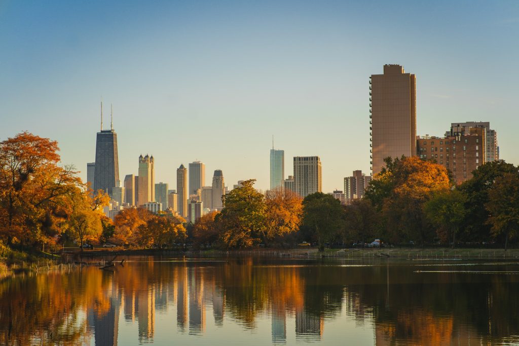 Chicago skyline and Lincoln Park autumn colors