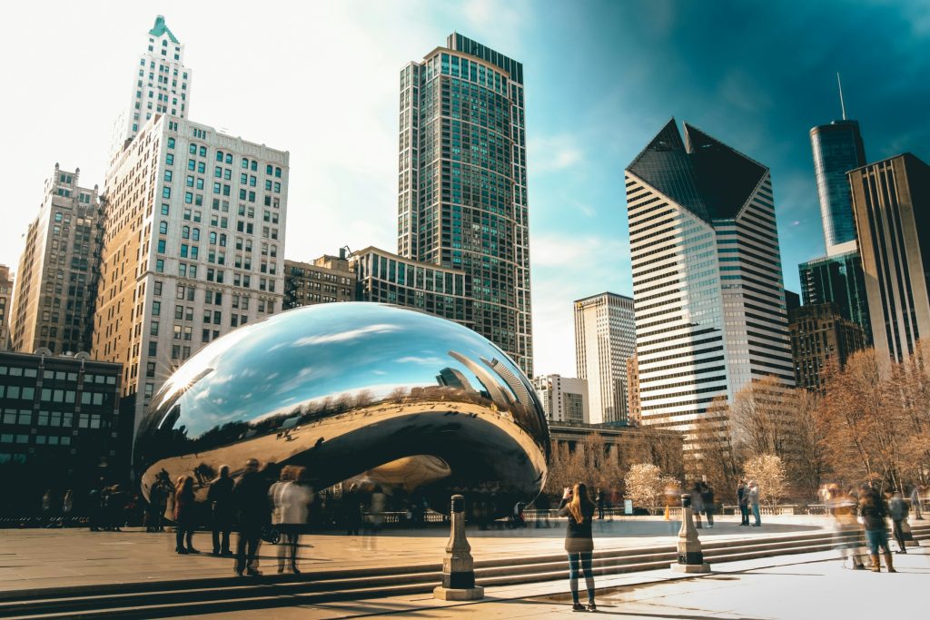 Chicago Millennium Park Cloud Gate and skyline