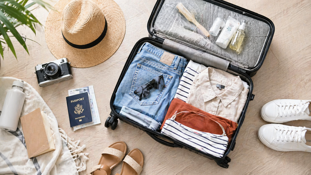 Open suitcase with neatly packed clothes, shoes, passport, camera, hat and travel accessories on the floor
