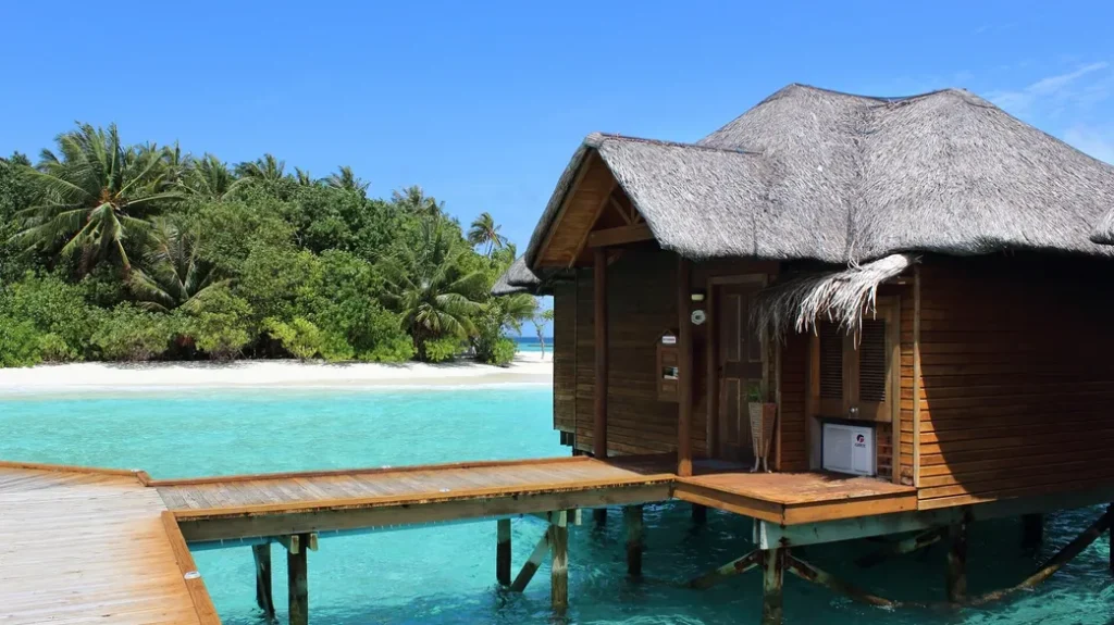 Overwater bungalow with a thatched roof on turquoise water near a tropical beach with palm trees in Gili Lankanfushi