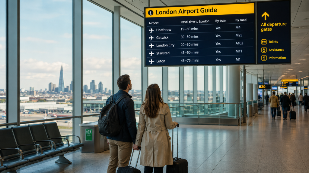 Travelers with luggage at a London airport terminal looking toward the city skyline and flight information screens