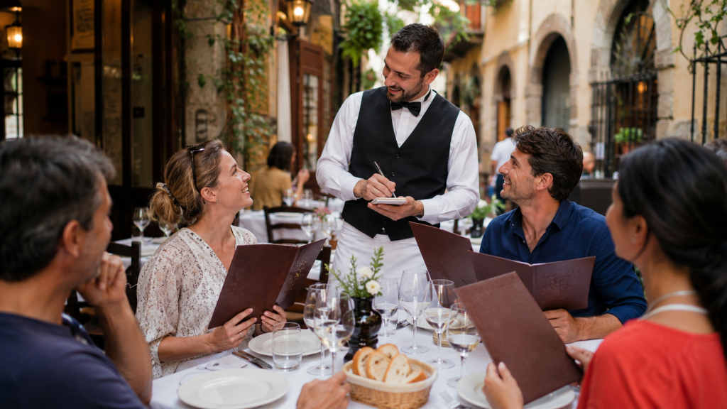 Tourists ordering food at an Italian restaurant while a waiter takes their order
